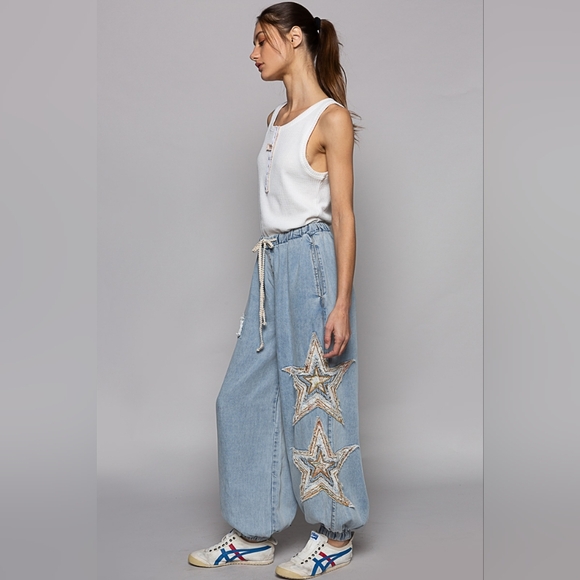 151 POL Light Blue Wide Leg Jeans with Star Embroidery - Picture 5 of 6